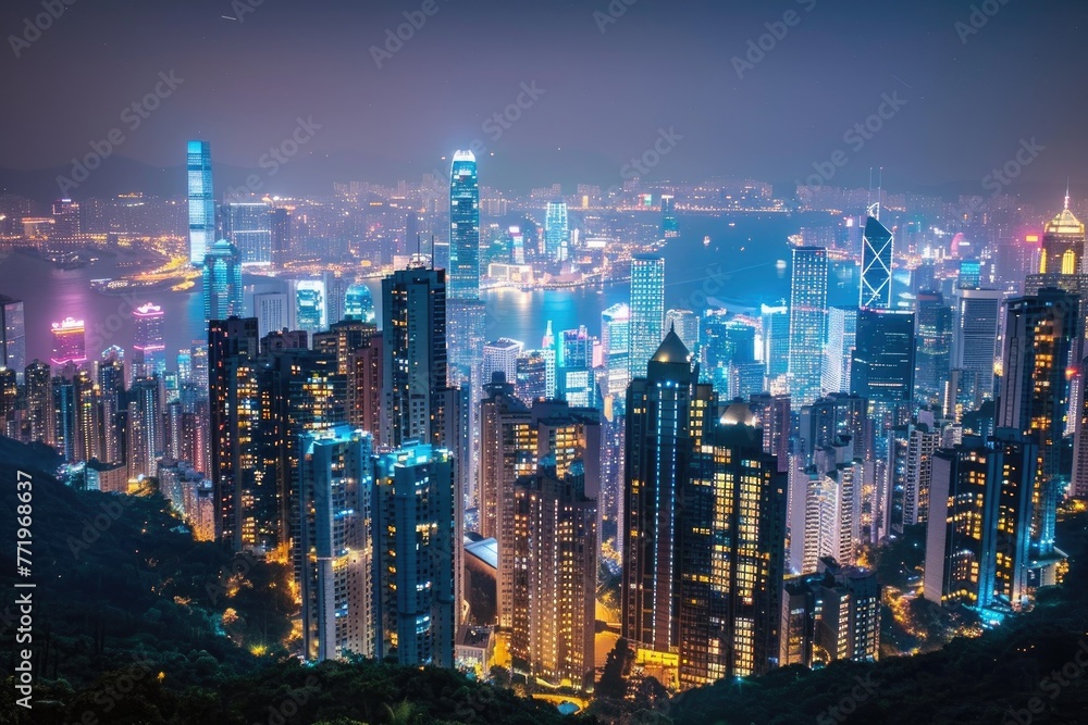 A bustling cityscape at night with vibrant lights.