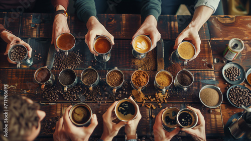 Group of people tasting variety of coffee drinks in a cafe, top down view.