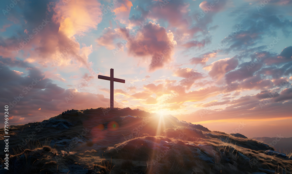 Fototapeta premium cross in the sunset, Generative AI