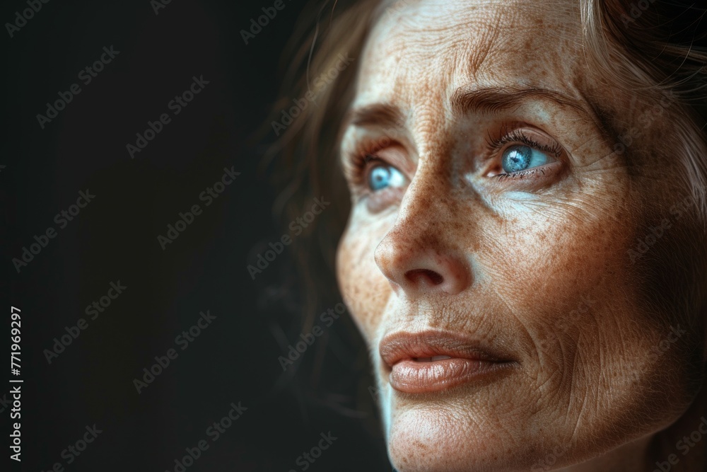 Intense close up portrait of a Woman with Freckles, pigmentation, wrinkles, blue eyes, 50 years old. Serious expression. Intense close up portrait of a Woman with Freckles, pigmentation, wrinkles, blue eyes, 50 years old. Serious expression.