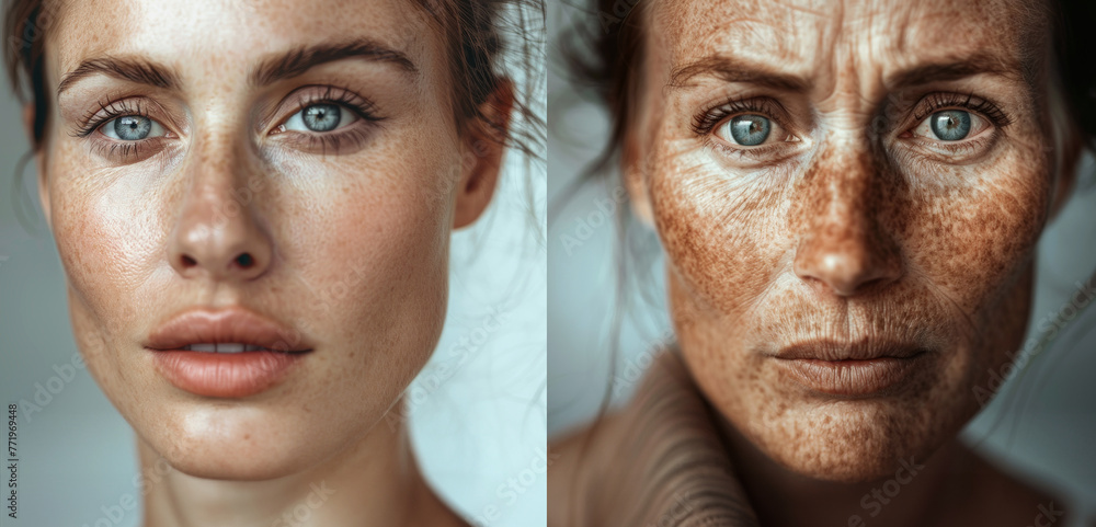 Dual-faced image of a woman: one side with youthful skin, the other aged, showcasing skin aging. Before and after young and old. Dual-faced image of a woman: one side with youthful skin, the other aged, showcasing skin aging. Before and after young and old.