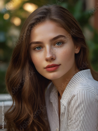A young model with long brown hair and blue eyes poses for a portrait