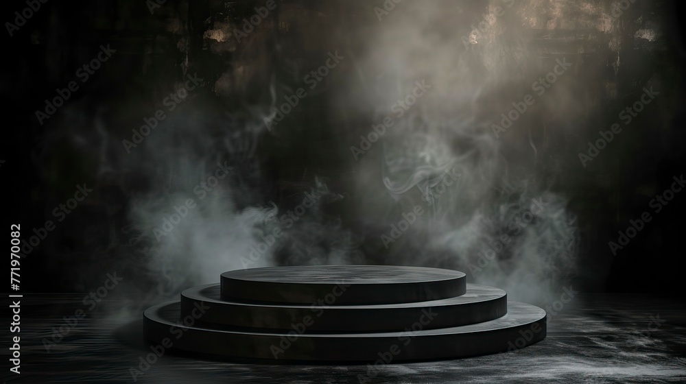 Podium black dark smoke background product platform with Spotlight Podium black dark smoke background product platform with Spotlight