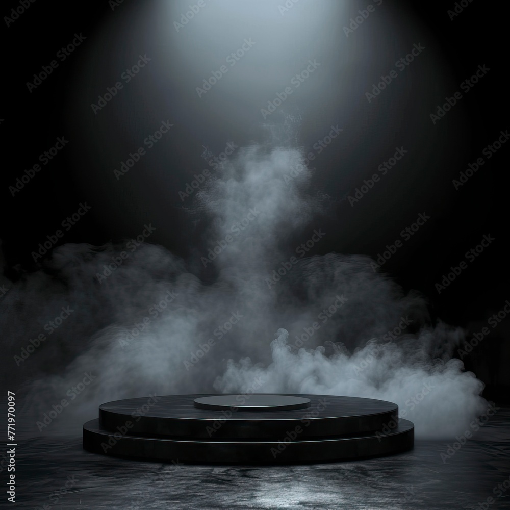 Podium black dark smoke background product platform with Spotlight