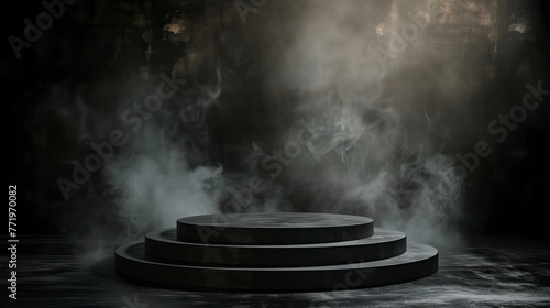 Podium black dark smoke background product platform with Spotlight photo