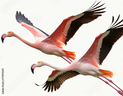 Two flamingos in flight, isolated against a white background