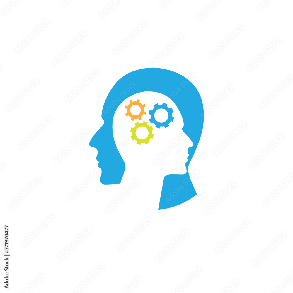 this image is a psychology related logo that depicts two heads facing opposite directions with three cogs in the middle drawn in colorful blue color on a white background this image is a psychology related logo that depicts two heads facing opposite directions with three cogs in the middle drawn in colorful blue color on a white background