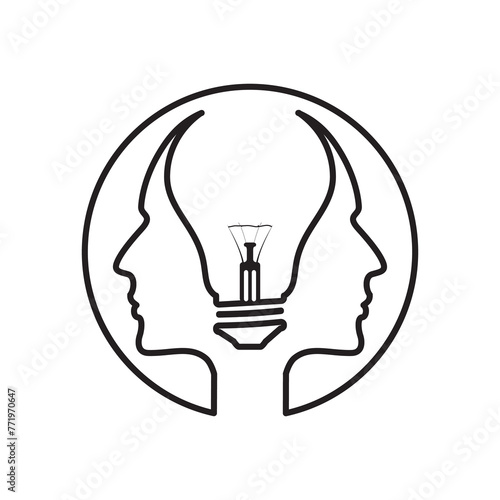 this image is a psychology related logo that depicts two heads facing opposite directions with a lightbulb shape in the middle of a circle that drawn in simple line style in black color on a white bac