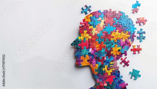 A conceptual image depicting a human head in profile view, seamlessly integrated with jigsaw puzzle pieces, symbolizing cognitive psychology, mental health, problem-solving, and brain function