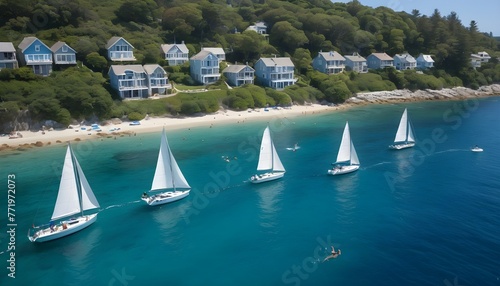 multiple sailboats on clear blue water with swimmers and a coastline with houses and trees in the background photo