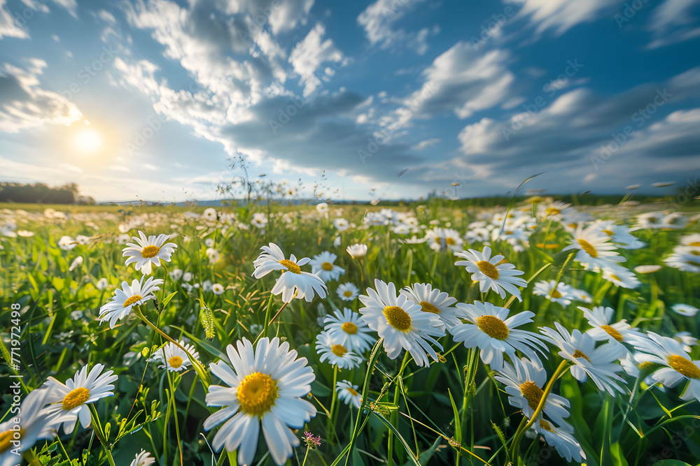 panorama of a spring landscape with blooming flowers in a meadow. White wildflowers grow on the field. Panoramic summer or spring view of blooming wildflowers