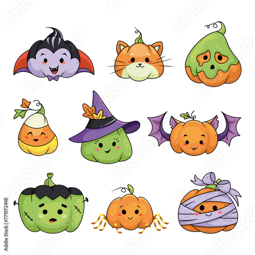 Halloween pumpkins set cartoon vector illustration