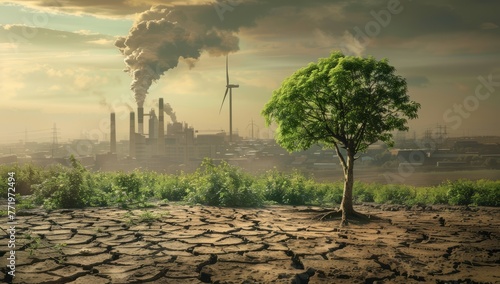 Decarbonization, featuring a vibrant green plant in the foreground with a CO2-emitting industrial chimney in the background.