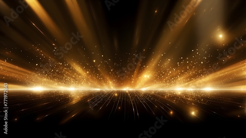 Gold luxury background with black line elements and light ray effect decoration and bokeh.