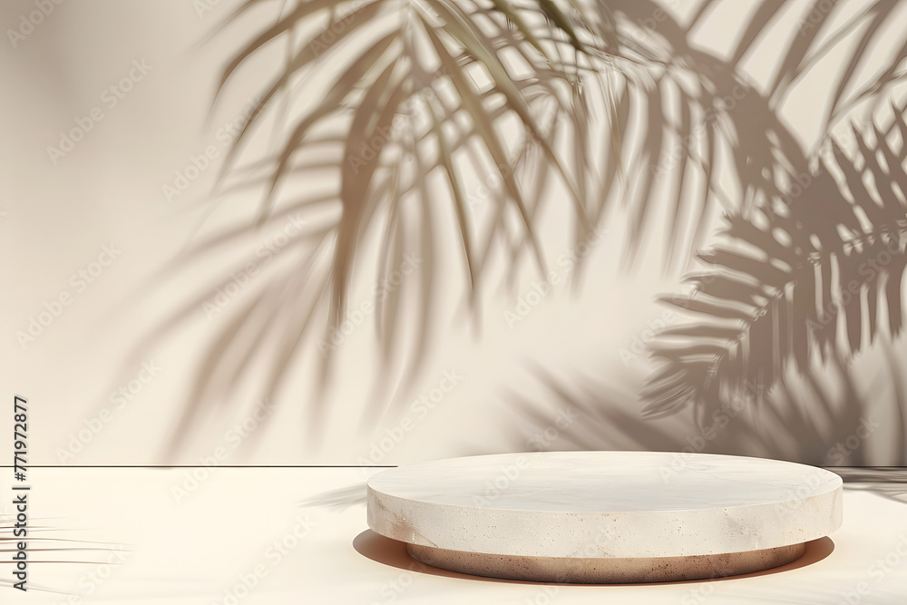 3D beige podium with tropical leaves and shadow for product presentation. Empty background with round podium with shadows of palm leaves. minimalism, 3D room with copy space 3D beige podium with tropical leaves and shadow for product presentation. Empty background with round podium with shadows of palm leaves. minimalism, 3D room with copy space