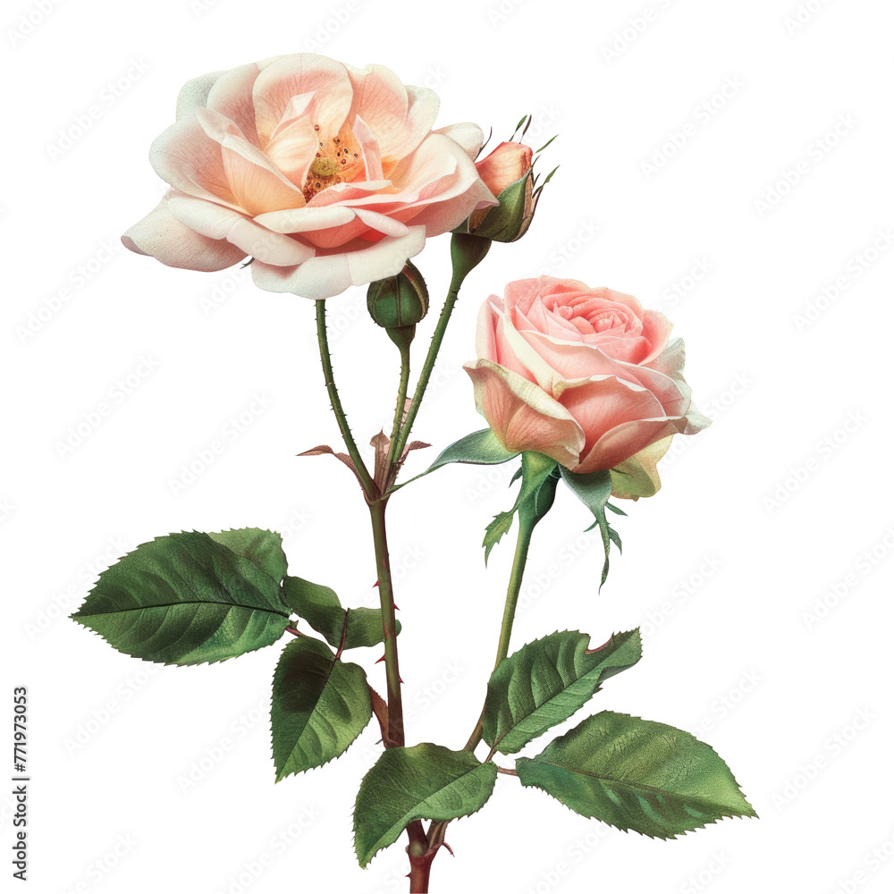 Two hybrid tea roses with green leaves on a transparent background