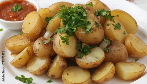 fried potatoes with onions with parsley and sauce © Mitica