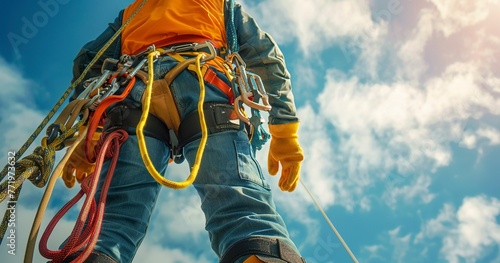 Fall protection gear setup, close view, clear sky, wide lens, detailed on safety measures.