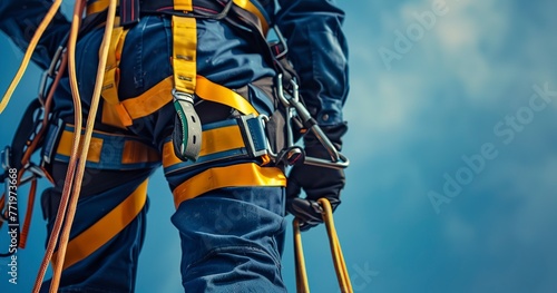 Fall protection gear setup, close view, clear sky, wide lens, detailed on safety measures. 