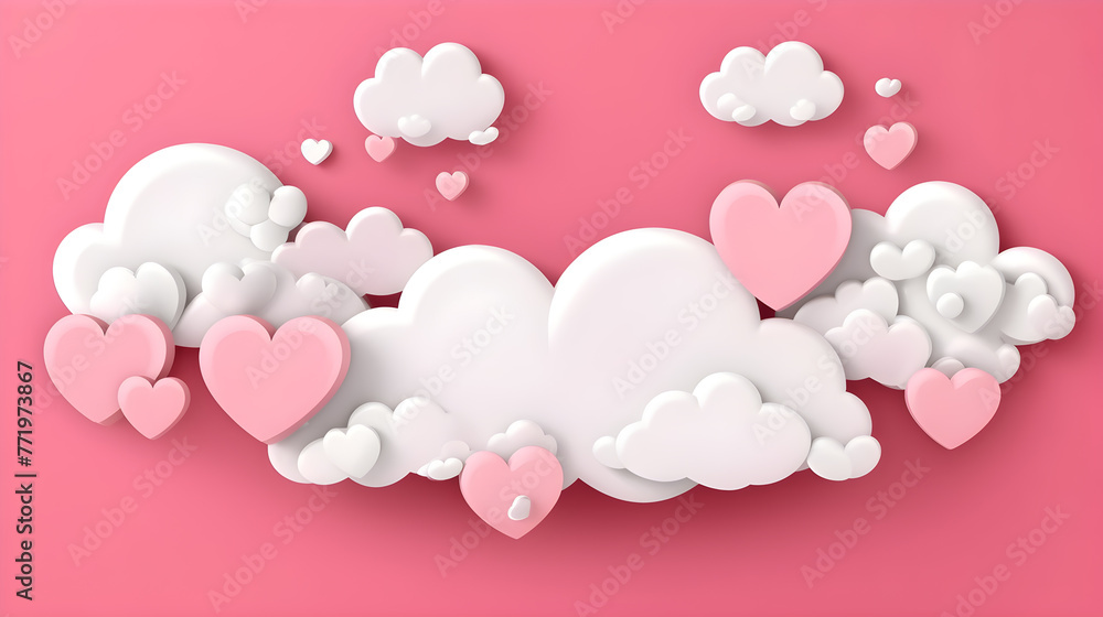 Happy Valentine's day poster or voucher. Beautiful paper cut white clouds with white heart frame on pink background. Vector illustration. Papercut style. Place for text