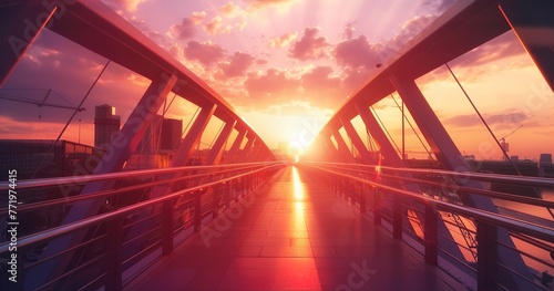 Pedestrian bridge construction, sunset, close view, wide angle, connecting urban spaces. photo