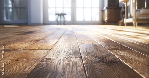 Hardwood flooring being laid, close-up, soft indoor light, wide angle, warmth and elegance.  © Thanthara