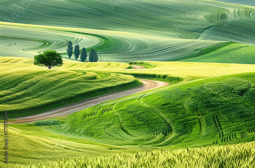 A bird's-eye view of the Palouse, with rolling green hills and golden wheat fields stretching to the horizon © Kien
