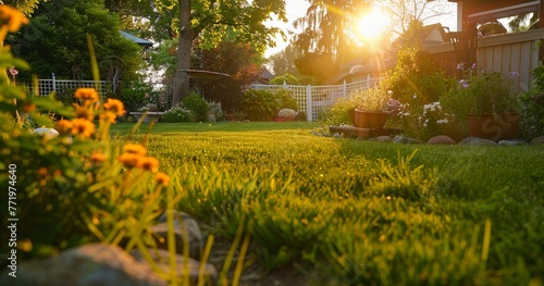 Landscaping a backyard  close view  golden hour  wide lens  crafting outdoor living spaces. 