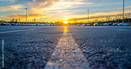 Parking lot paving at shopping center, close view, sunset, wide lens, groundwork for accessibility. 