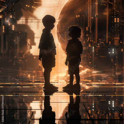 
realism, Extra Long Shot (ELS), silhouette of two children, futuristic technology background, natural lighting, futuristic technology high resolution hyper-detailed photo
