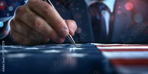 A United States official signed an official document with a ballpoint pen and a fold of the national flag, the Stars and Stripes.