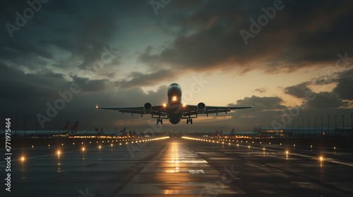 Airplane taking off from the airport runway at the sunset.