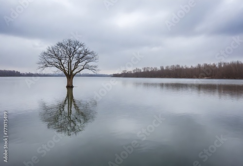 A bare tree in the middle of a water body with smooth water surface and cloudy sky in the background, surrounded by fallen leaves