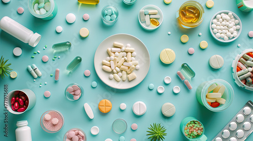 Pills and medicines on flat background with bright colors.