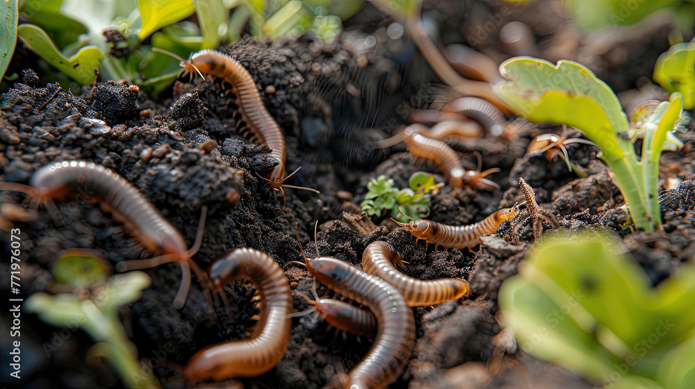 Worms help break down organic matter in the soil to create compost and nutrients to the soil. - obrazy, fototapety, plakaty 
