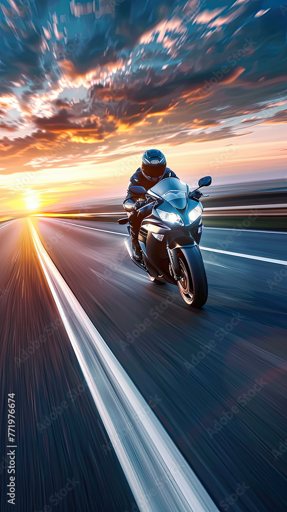 A person drives a superbike at high speed on a highway at sunset. A person drives a superbike at high speed on a highway at sunset.