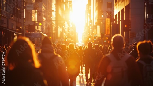 Backlit scene of bustling city street with crowd of people walking and evening sun creating silhouette effect.