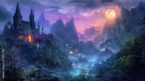 Dark fantasy landscape with medieval castles rising amidst misty mountains under a full moon.