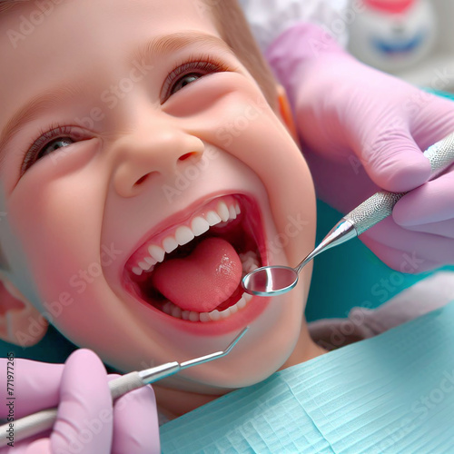 Dentist examining a child's teeth in a dental clinic.