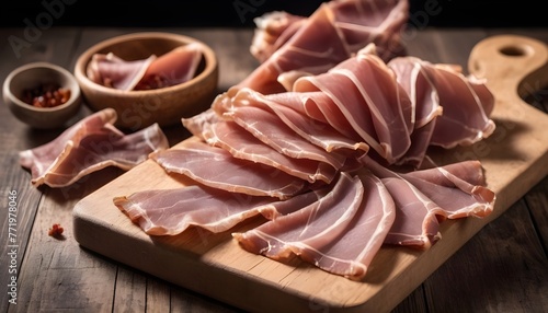 Pieces of dried pork prosciutto on a wooden board