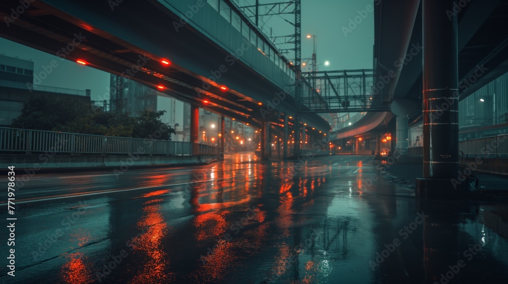 Empty street under bridge rainy day reflection of light Empty street under bridge rainy day reflection of light