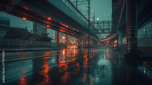 Empty street under bridge rainy day reflection of light © Nick