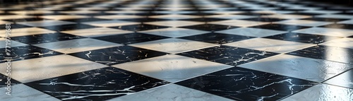 Elegant Black and White Checkered Marble Floor with Timeless Geometry and Sophisticated Symmetry © Thares2020