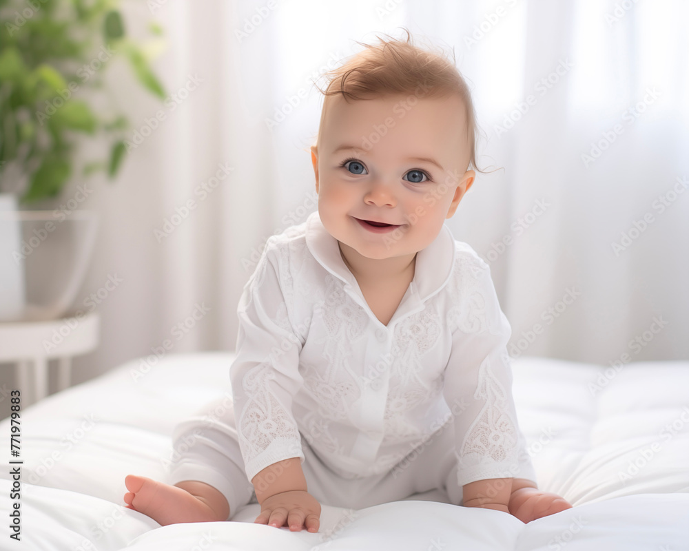 Adorable baby on bed. Smiling child at home. Children's Day. Adorable baby on bed. Smiling child at home. Children's Day.