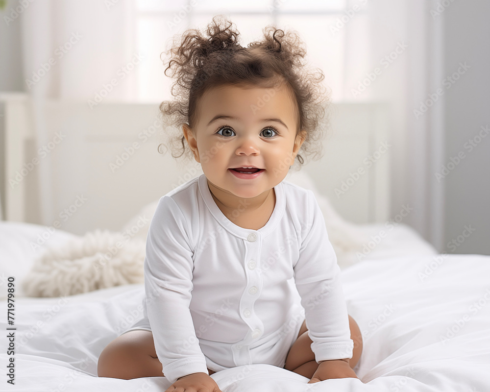 Adorable baby on bed. Smiling child at home. Children's Day. Adorable baby on bed. Smiling child at home. Children's Day.