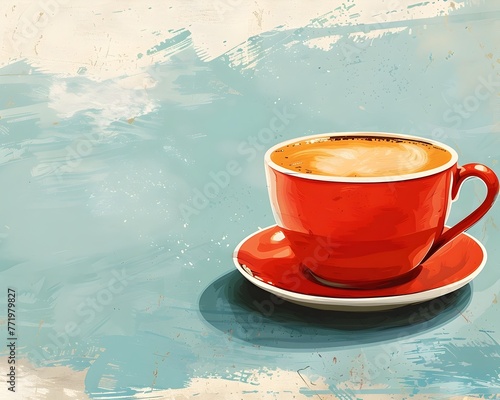 A vibrant red ceramic coffee cup sits on a matching saucer emitting gentle wisps of steam against a soft