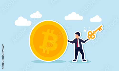 Securing crypto assets: private key, hardware wallet, safeguarding passwords for Bitcoin, concept of Confident investor holding Bitcoin private key for secure asset management