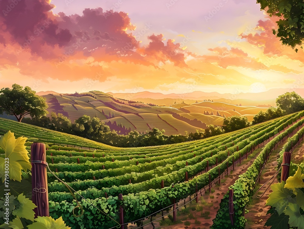 Rolling Vineyard Hills at Dramatic Sunset in Serene Wine Country Landscape