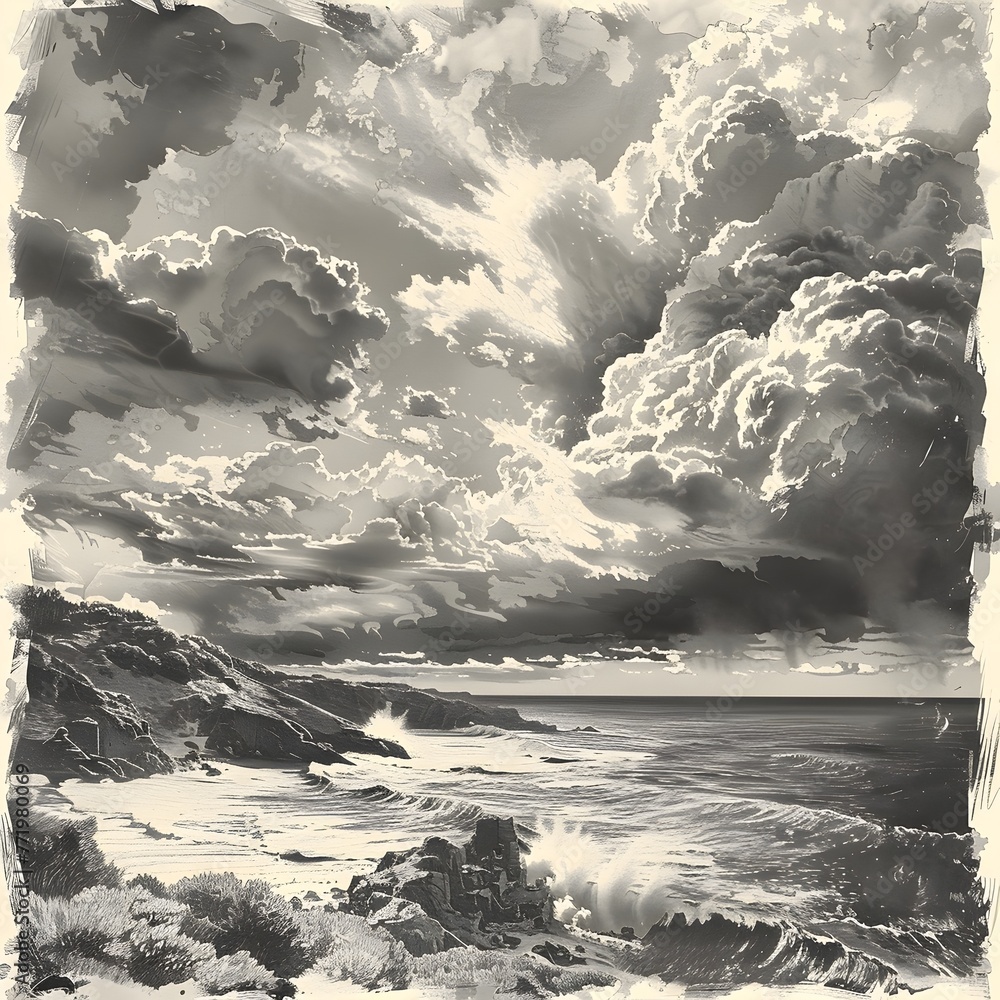 Moody Clouds and Dramatic Seascape with Rugged Coastline and Choppy Ocean Waves