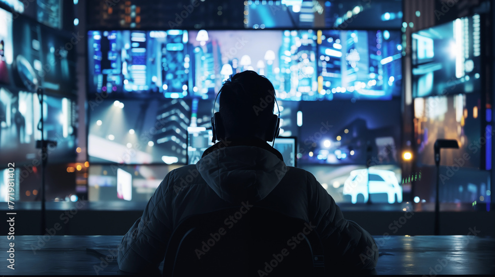 IT specialist or designer or guard working at multiple computer screen IT specialist or designer or guard working at multiple computer screen